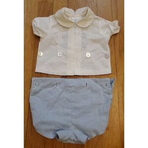 Vtg Infant Diaper Shirt White w Blue Embroidery 0-3 Months‎ Gingham Diaper Cover